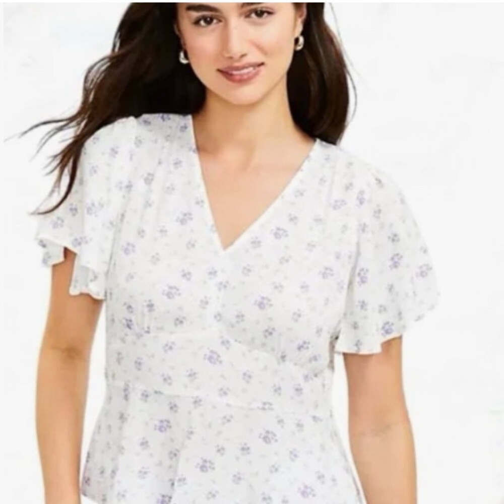 LOFT White Floral Blouse with Ruffle Sleeves